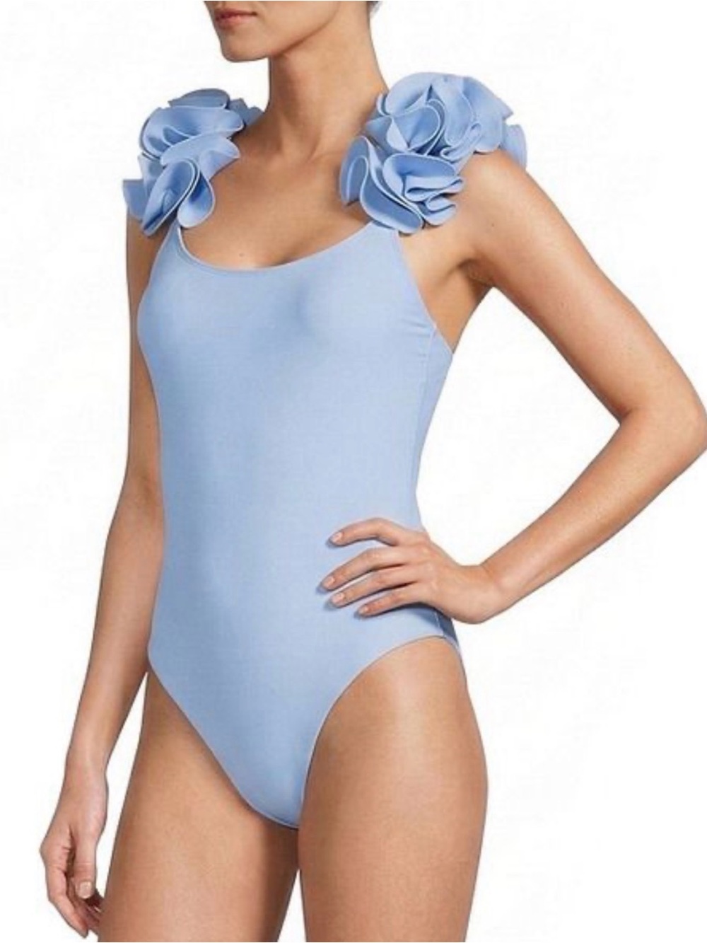 ANTONIO MELANI Powder Blue One-Piece Swimsuit with Rosette Shoulder Accents
